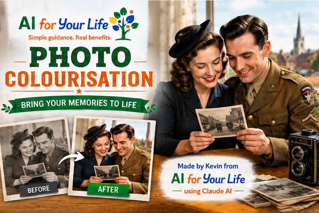 AI For Your Life artwork promoting the AI Photo Coloriser tool, showing a black and white photo being turned into colour