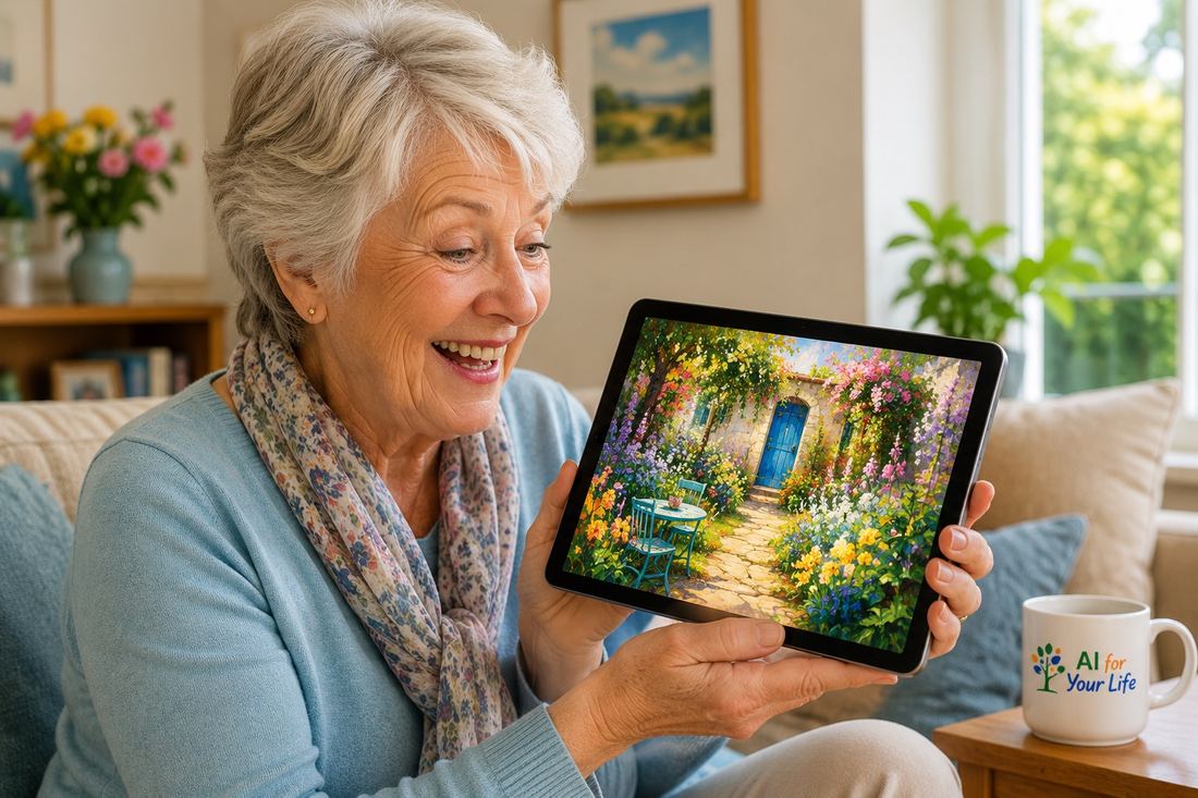 Older woman delighted at a colourful AI-generated image on her tablet