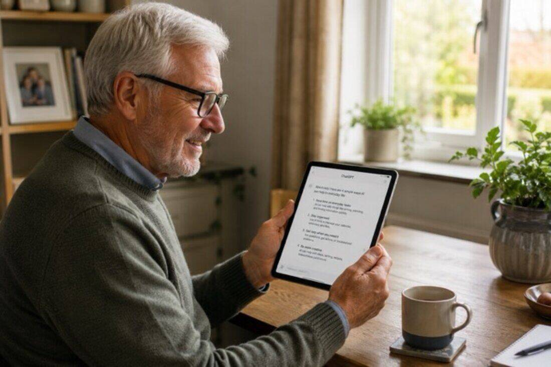 Man in his 60s sitting at a kitchen table with a tablet, looking pleased and engaged as he reads a step-by-step AI reply