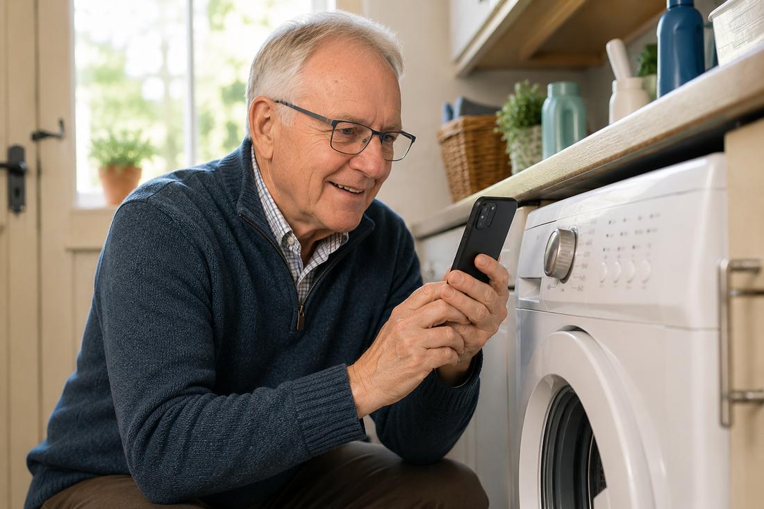 Older man crouching by his washing machine, photographing the control panel with his phone to ask AI what a symbol means