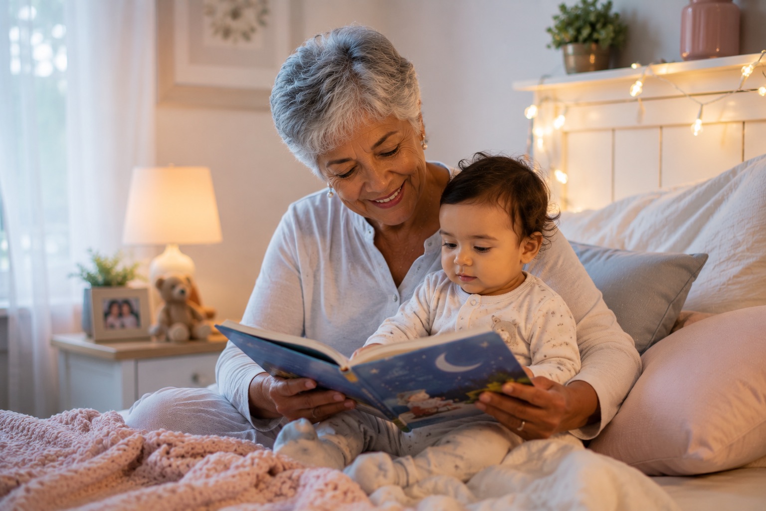 Grandparent reading a personalised bedtime story to a delighted child tucked up in bed