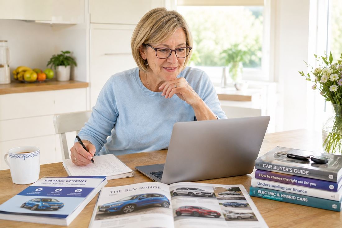 Woman in her sixties at a kitchen table researching cars on a laptop, with car brochures, a finance guide and a Car Buyer's Guide spread around her as she takes notes