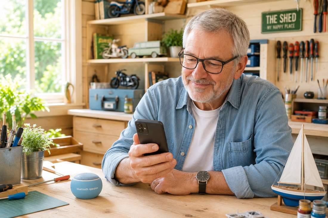 Man in his sixties in a hobby shed, smiling at AI product recommendations on his phone, with a small blue Bluetooth speaker on the workbench in front of him