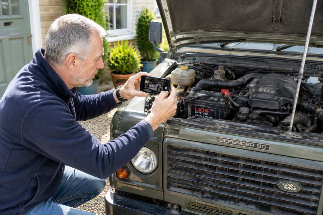 Man crouching beside his Land Rover Defender 90 with the bonnet open, photographing the battery in the engine bay with a smartphone to ask AI for the right replacement