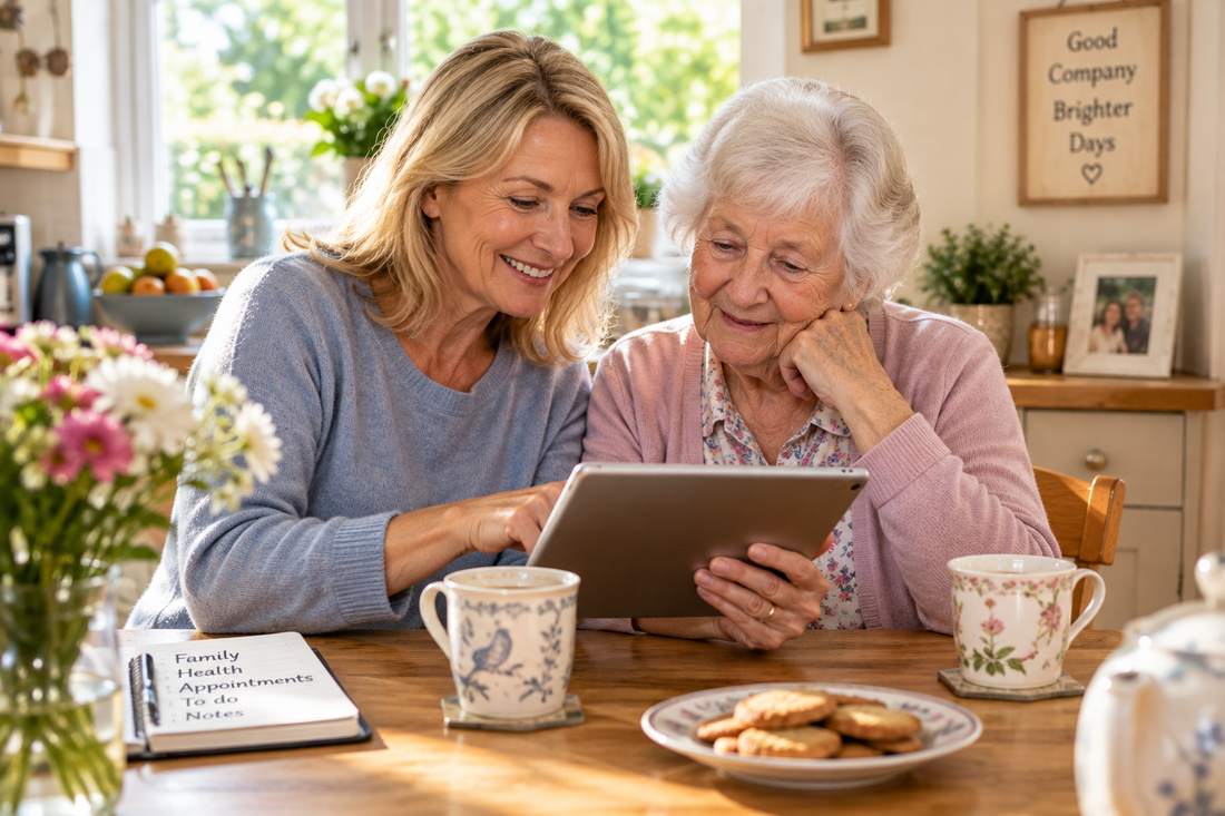 Woman in her fifties sitting with her elderly mother at a kitchen table, both smiling as they look at a tablet together, with cups of tea, biscuits and a notebook labelled Family, Health, Appointments, To do, Notes nearby