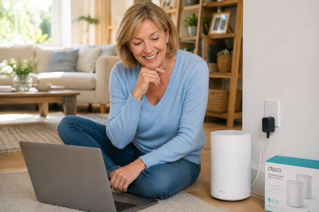 Woman setting up a whole-home mesh wifi system with her laptop, using AI for guidance