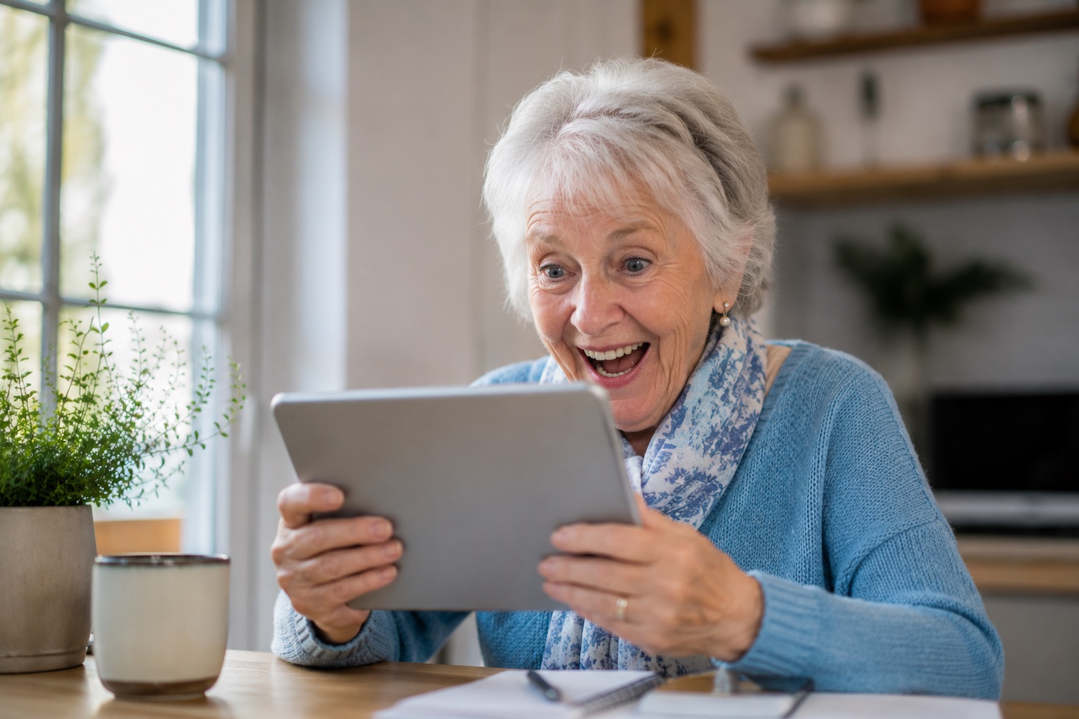 Older woman beaming with delight at her tablet — a sceptic converted