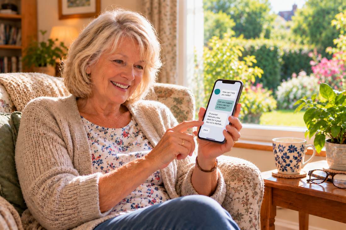 Smiling woman in her seventies in an armchair by a sunny window, asking an AI chat app on her smartphone to suggest a day out in Norfolk
