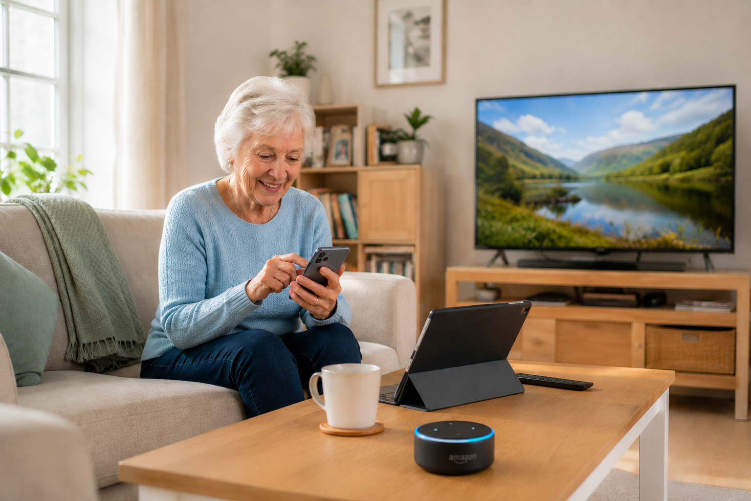 Older woman relaxed at home with phone, tablet and smart speaker