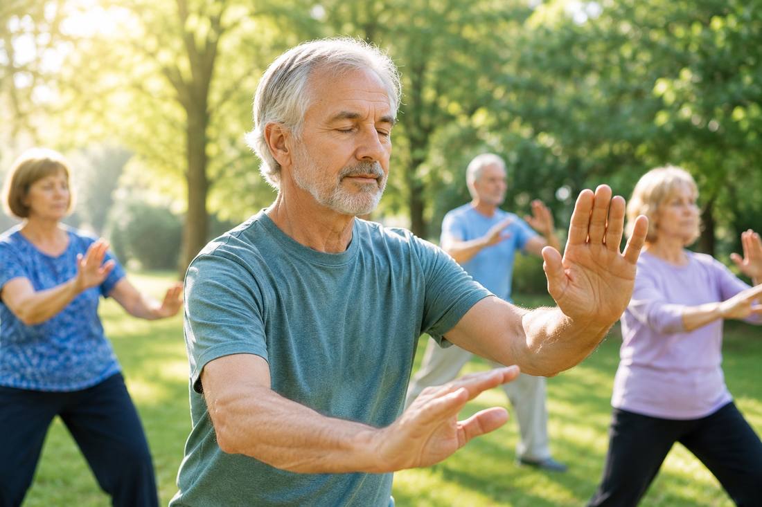 Man in his sixties leading a small group of older adults through a Tai Chi session in a sunny park, arms extended in a flowing movement with eyes gently closed