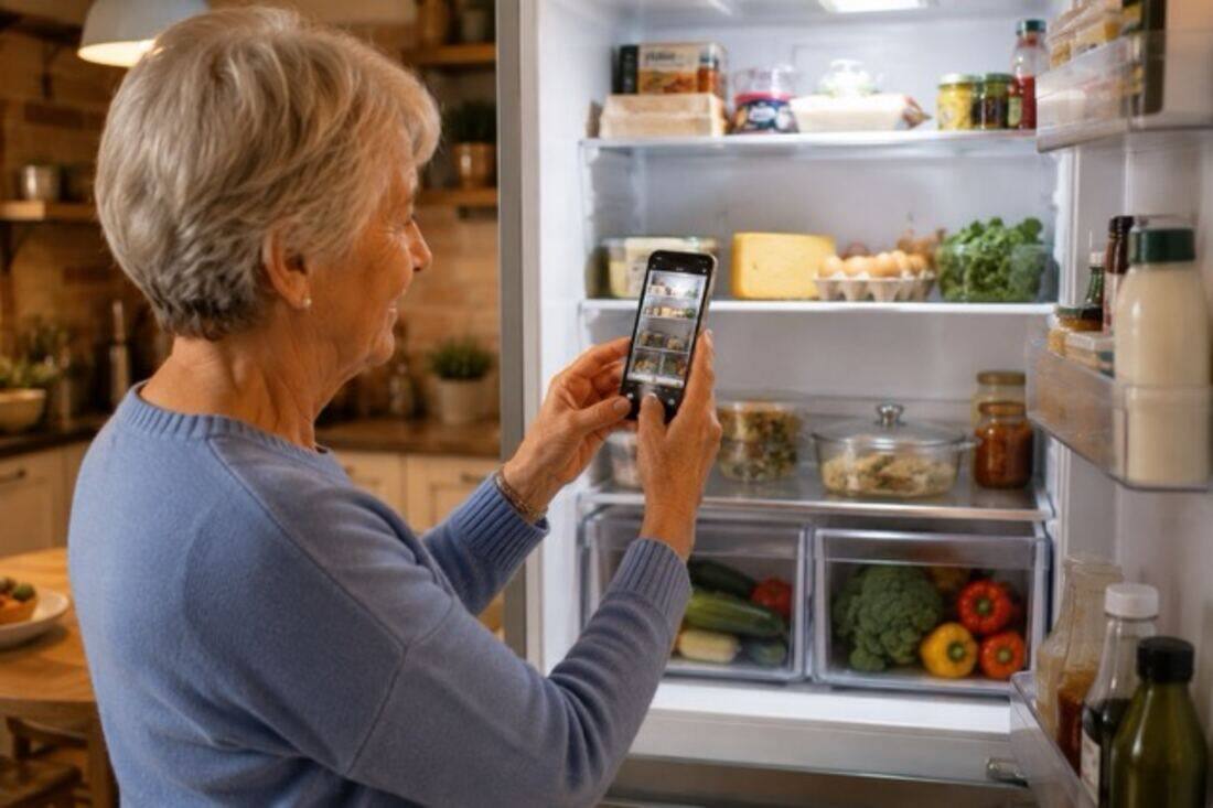 Woman photographing the open contents of her fridge with a smartphone, about to ask AI to suggest a recipe from what she has