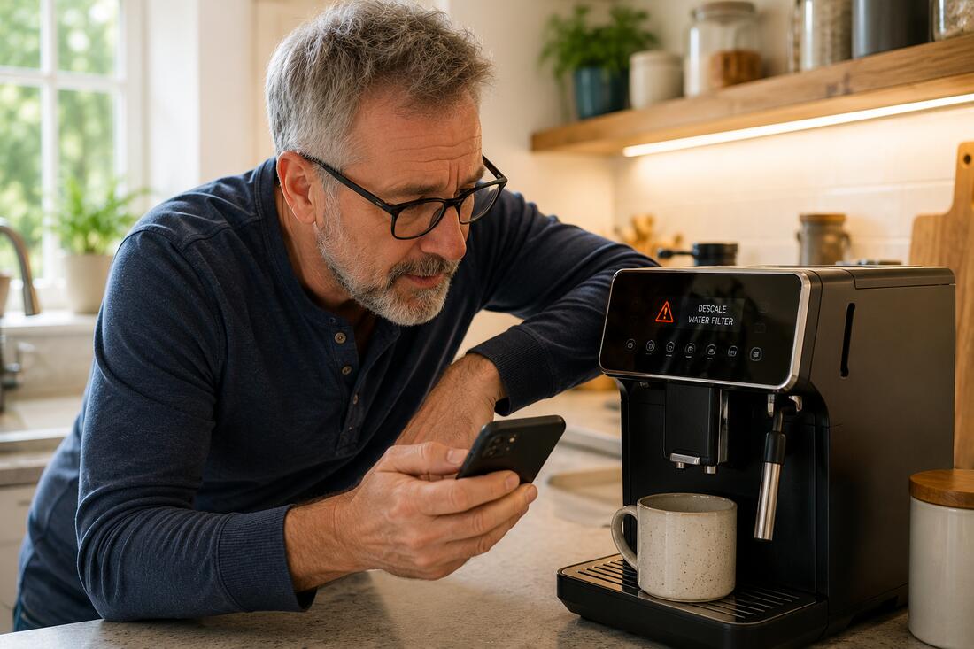 Man checking his coffee machine's descale warning light using AI on his phone