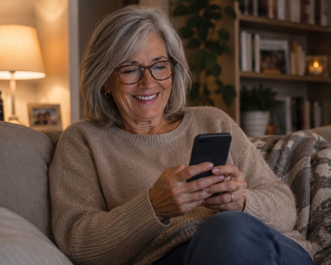 Woman relaxing on her sofa, smiling as she uses AI on her smartphone for the first time