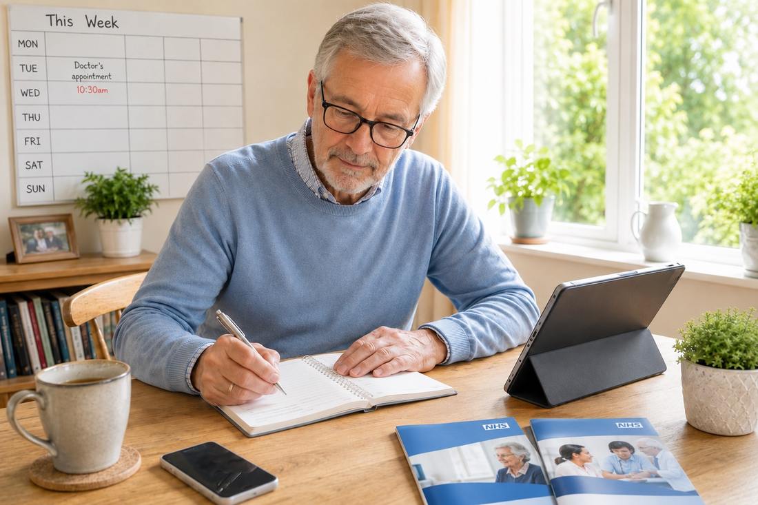 Man in his sixties writing notes in a diary before a doctor's appointment, with a wall planner behind him showing the appointment time, a tablet and NHS leaflets on the table