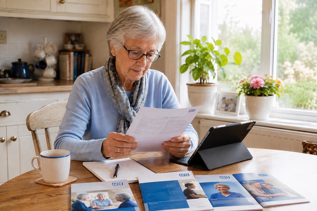 Woman in her seventies at a kitchen table reading an NHS letter, with a tablet, notepad and health information leaflets in front of her