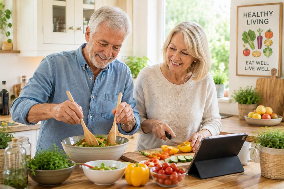 Smiling couple in their sixties preparing a fresh salad together in a bright kitchen with a tablet on the worktop