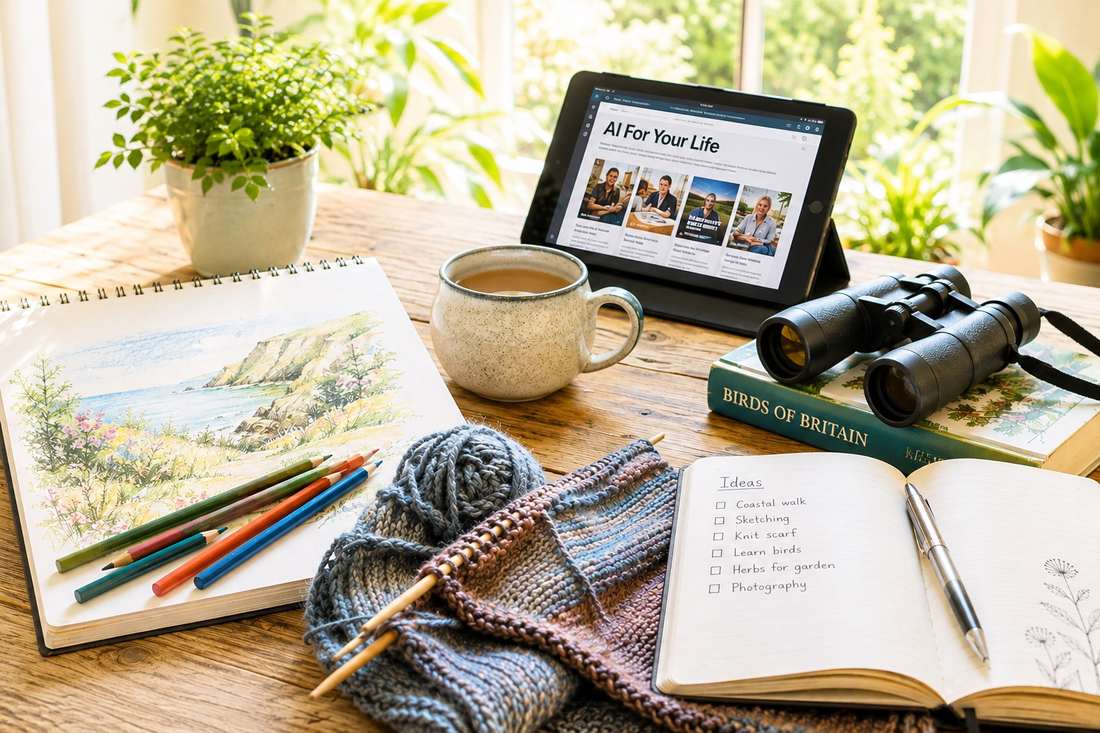 Wooden table with several hobbies laid out together: a watercolour sketchbook and coloured pencils, knitting in progress, a book of British birds with binoculars, an open notebook headed Ideas, and a tablet showing the AI For Your Life website