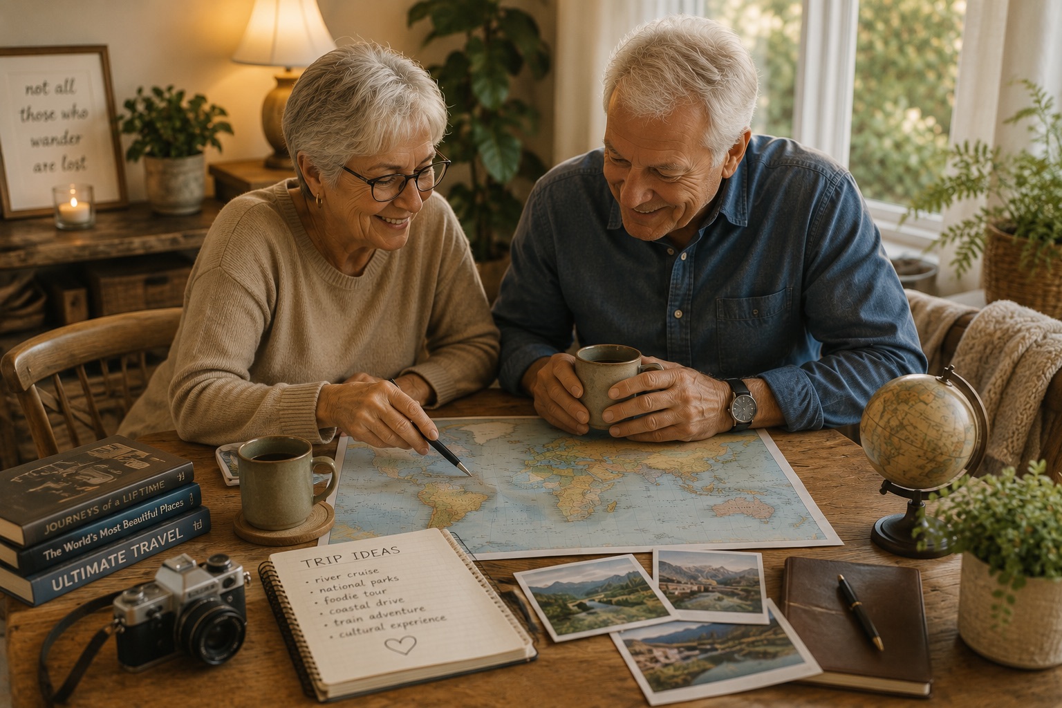 A couple with a map and coffee planning an exciting holiday trip together