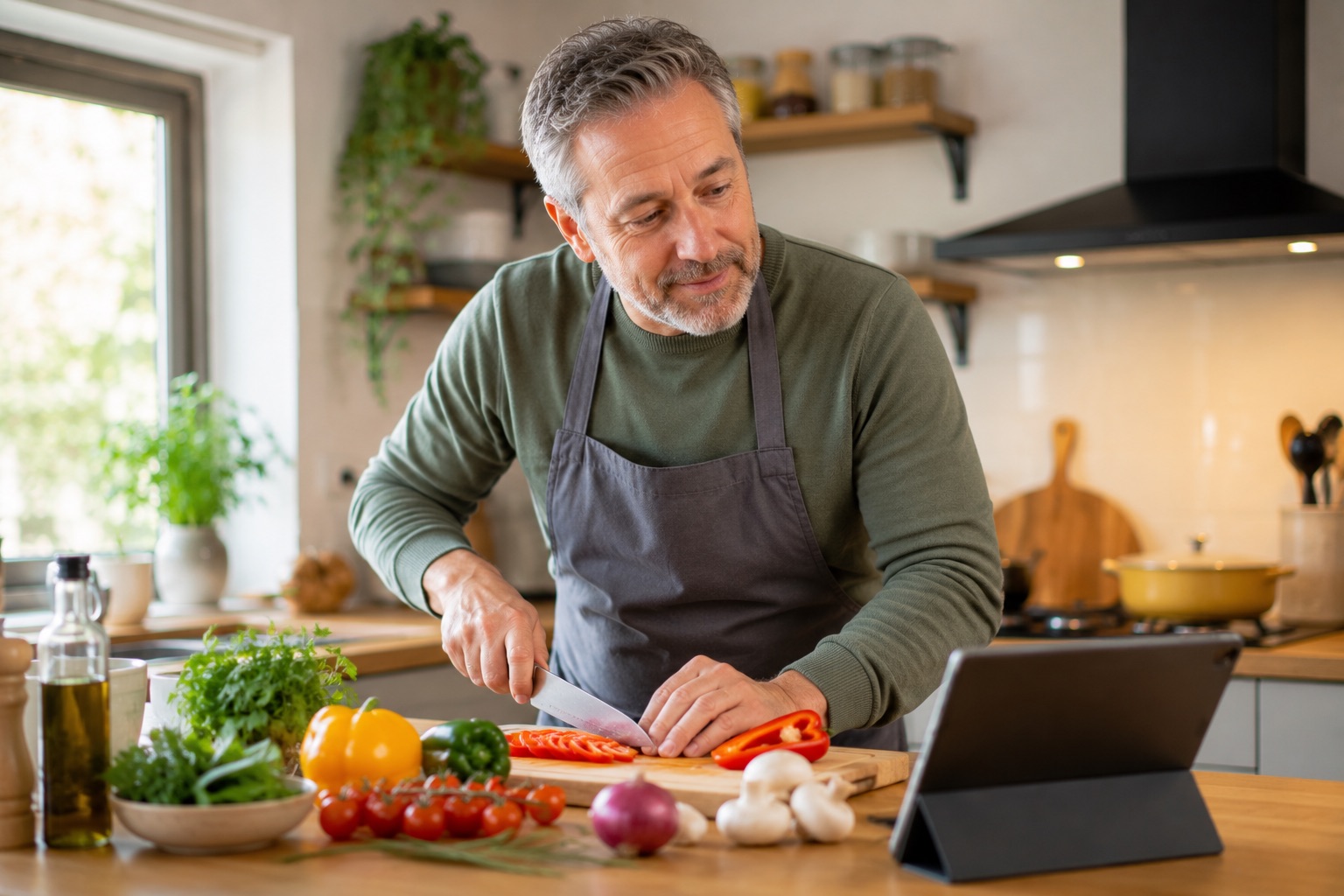 Man cooking in the kitchen following an AI recipe on his tablet