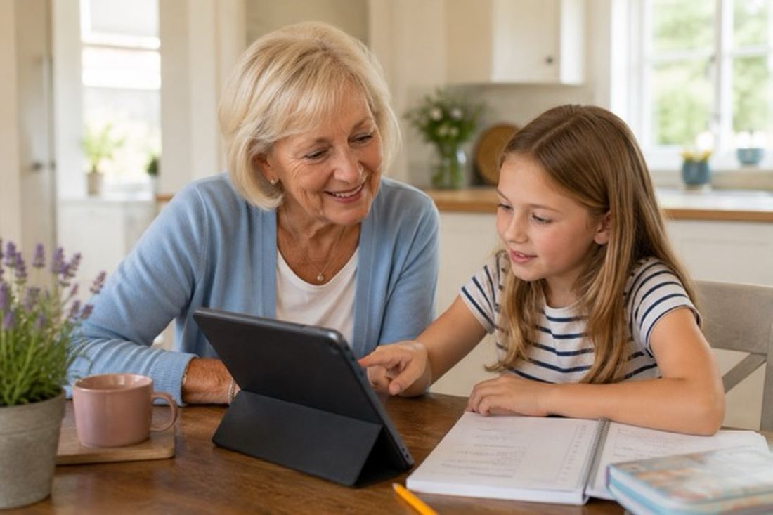 Grandmother sitting at a kitchen table with her young grandchild, both looking at a tablet screen together as they work through homework
