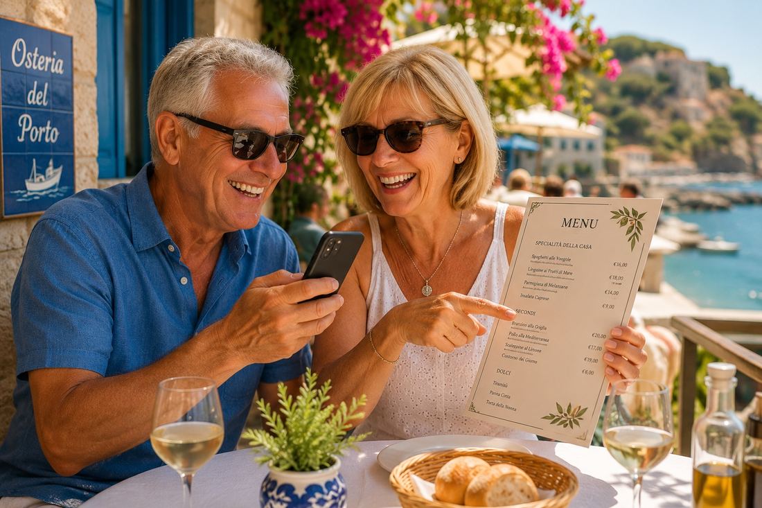 Couple at a restaurant abroad, holding up a foreign menu and laughing as they photograph it