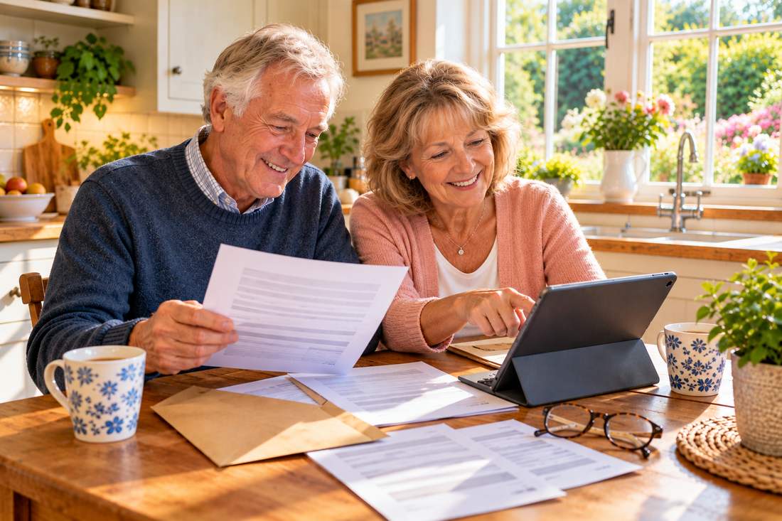 Retired couple smiling at their kitchen table as they go through bills and an official letter, with a tablet and a brown envelope beside them