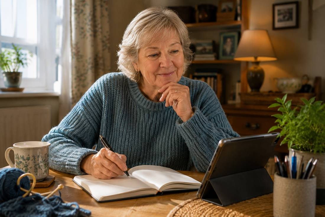 Older woman writing in a notebook at home, with a tablet open beside her for AI guidance