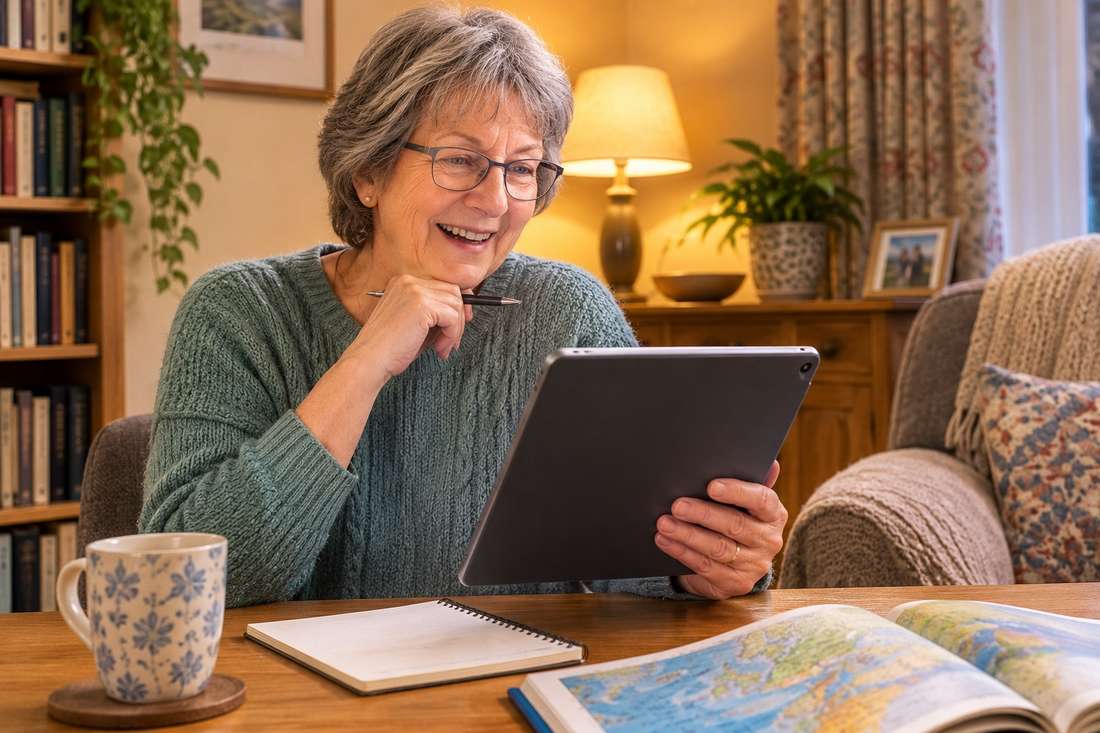 Older woman smiling as she looks something up on her tablet at the kitchen table
