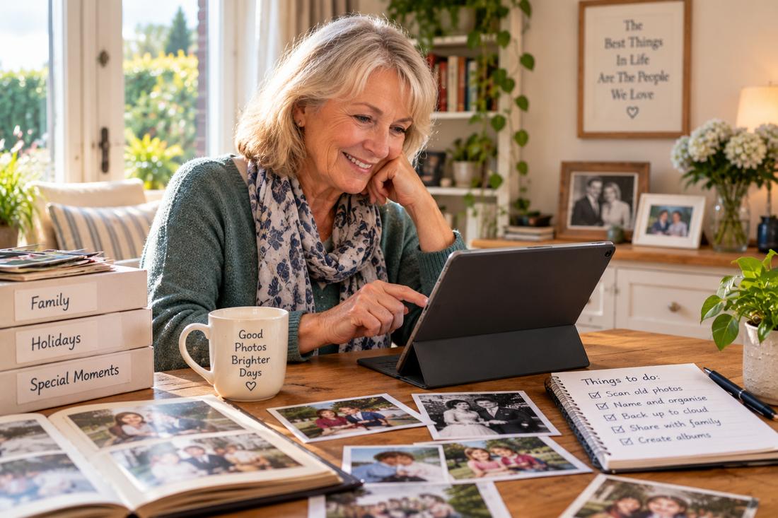 Older woman smiling as she looks at photos on her tablet, surrounded by printed photos, albums and storage boxes labelled Family, Holidays and Special Moments, with a to-do list for organising and sharing them