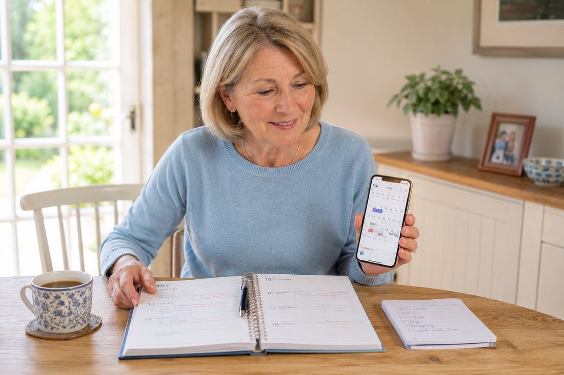 Woman in her early sixties at a kitchen table, holding a smartphone showing a colour-coded calendar while a week-to-view diary and a handwritten to-do list sit open in front of her