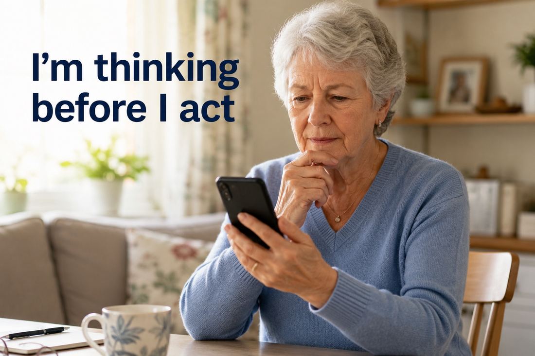 Older person looking carefully and cautiously at a suspicious message on their phone