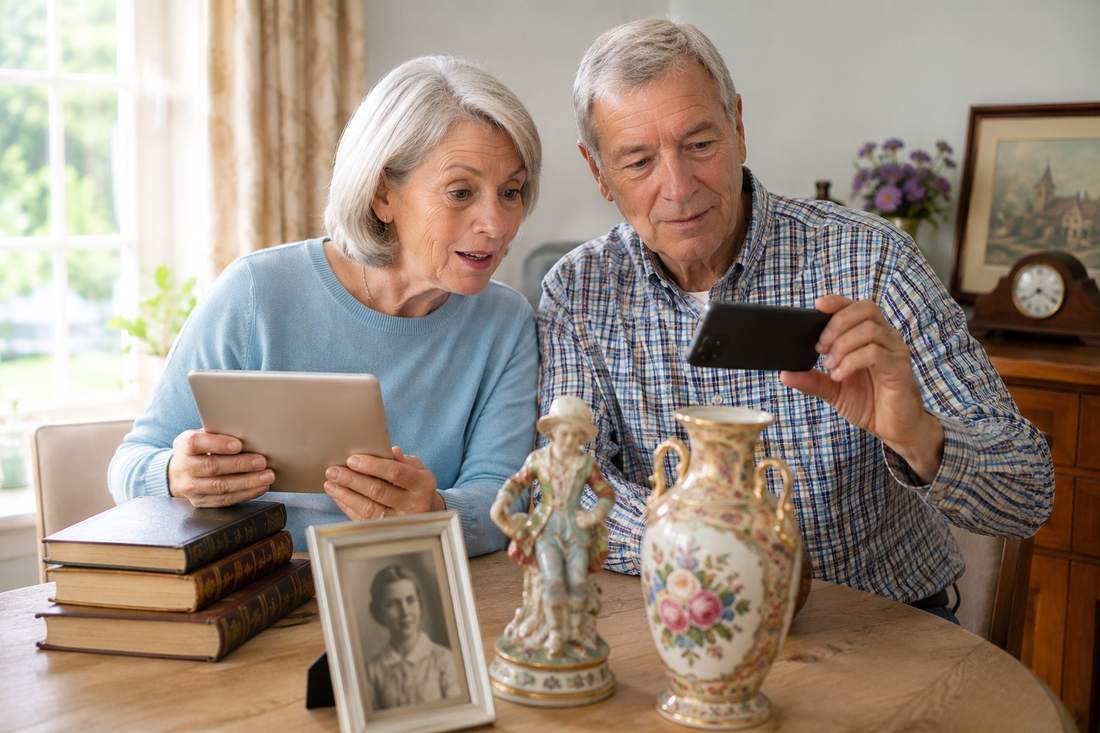 Couple in their sixties at a dining table — the man photographs an ornate china vase with his phone while the woman holds a tablet with a surprised expression, with old books, a framed portrait and a porcelain figurine on the table in front of them