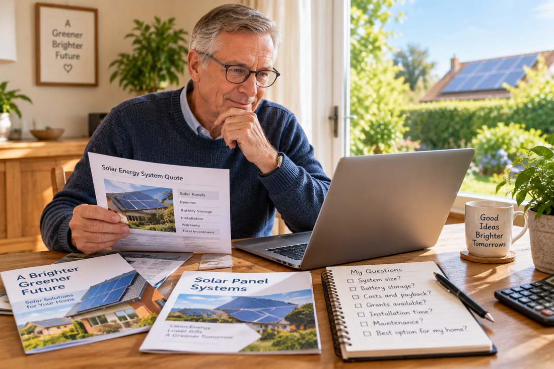 Man in his sixties at a laptop reading a solar energy system quote, with solar brochures and a notepad headed My Questions listing things to check before deciding