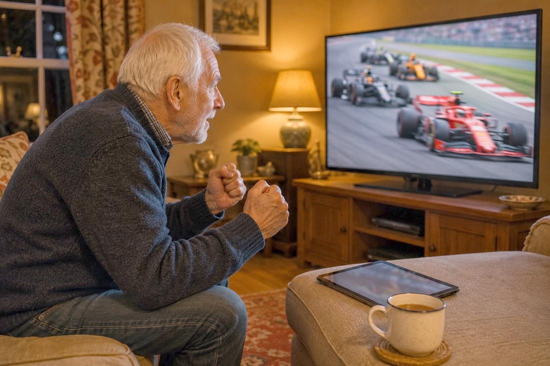 Man in his seventies leaning forward with clenched fists watching a Formula One race on television in a warmly lit living room, with a tablet and a cup of tea beside him