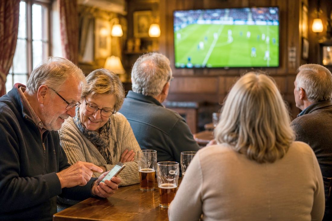 Group of friends in their sixties and seventies watching football together in a traditional English pub, one man pointing at something on his phone to show the woman beside him