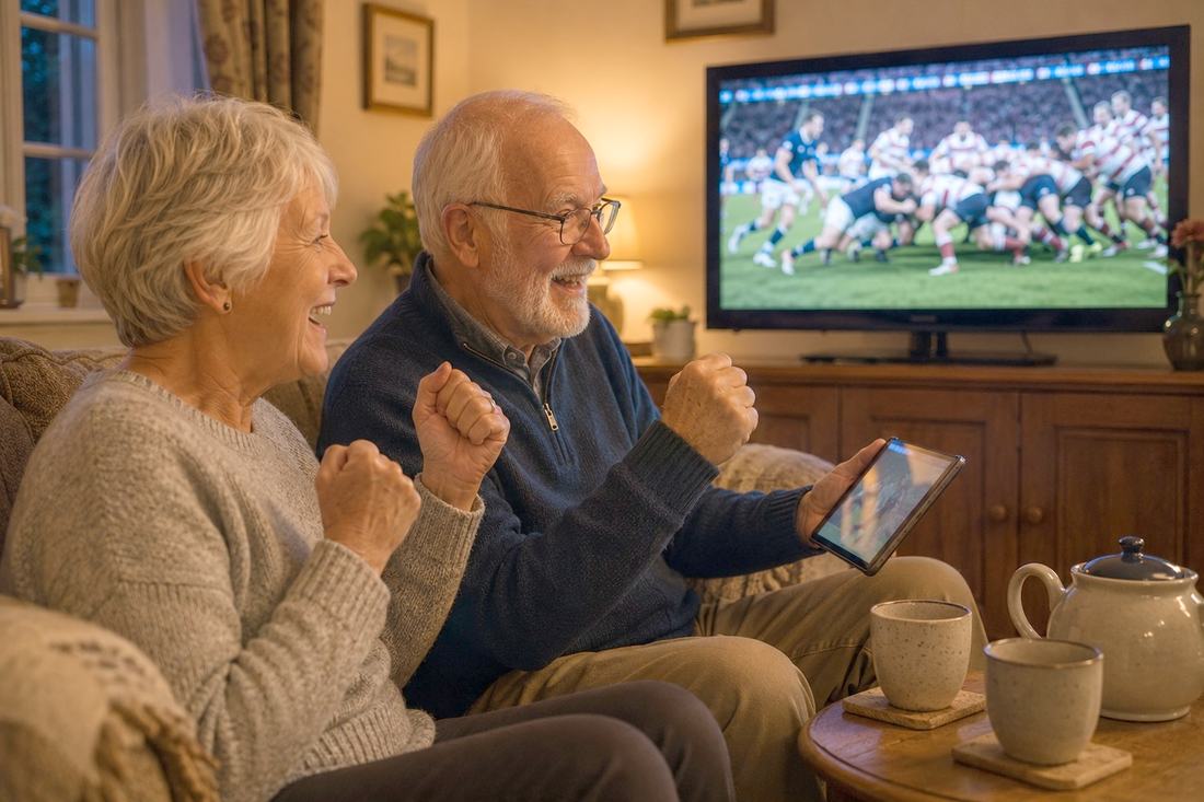 Couple in their sixties and seventies celebrating together on the sofa while watching a rugby match on television, one holding a tablet