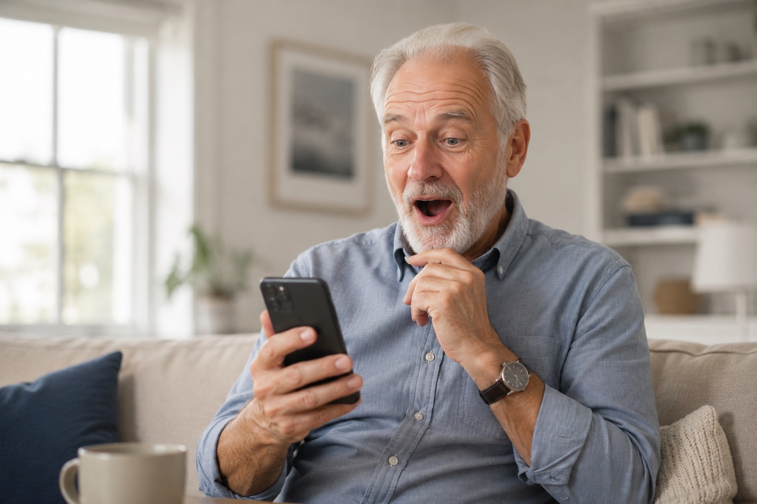 Man looking delighted and surprised at what AI has just done on his phone
