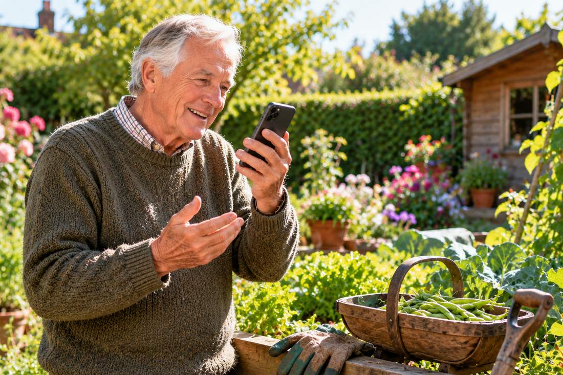 Smiling man in his seventies in his sunny vegetable garden, talking to an AI app on his smartphone, with a trug of freshly picked runner beans and his gardening gloves beside him