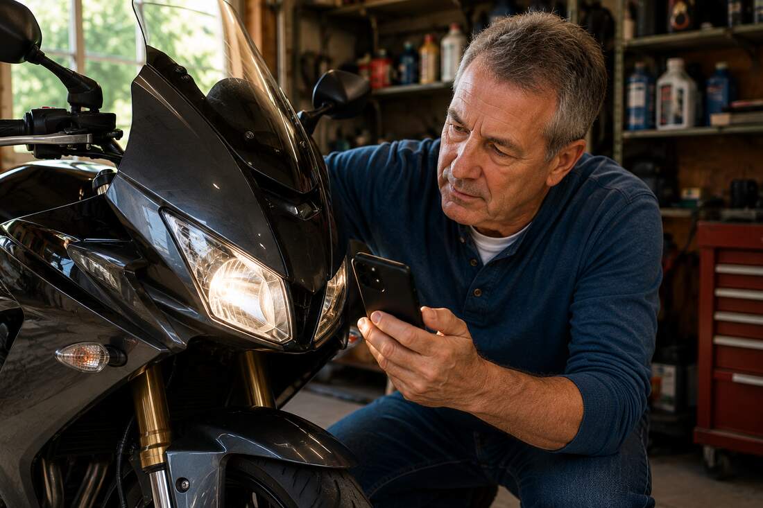 Man checking his motorbike headlight against his phone, using AI to diagnose the fault