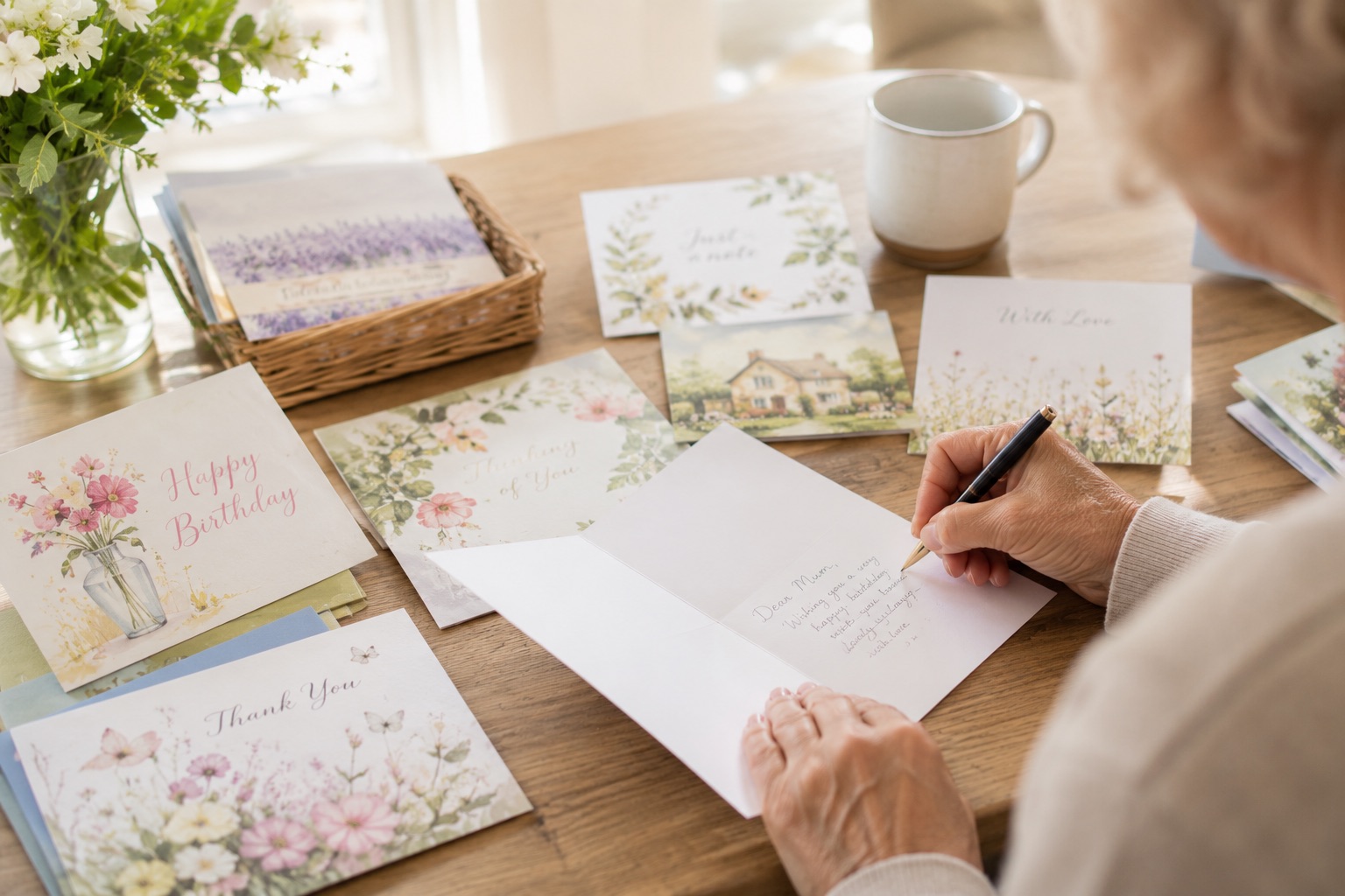 A collection of greeting cards spread on a table — birthdays, weddings, Christmas and more