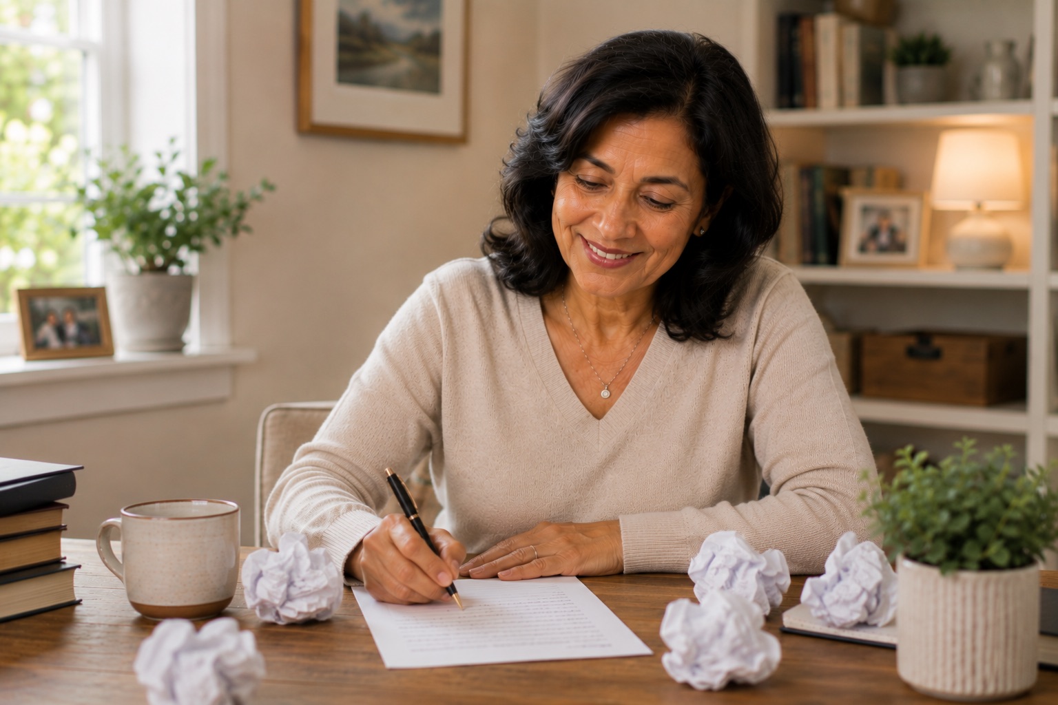 Woman writing a letter with a smile — crumpled attempts around her