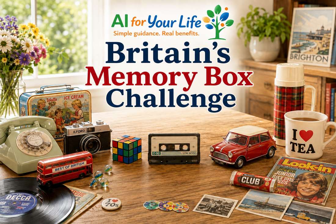 Britain's Memory Box Challenge artwork — a wooden table covered with nostalgic British items including a rotary telephone, tin of Walls ice cream, Ilford camera, Rubik's cube, cassette tape, toy Mini car and Look-in magazine, with the AI For Your Life logo
