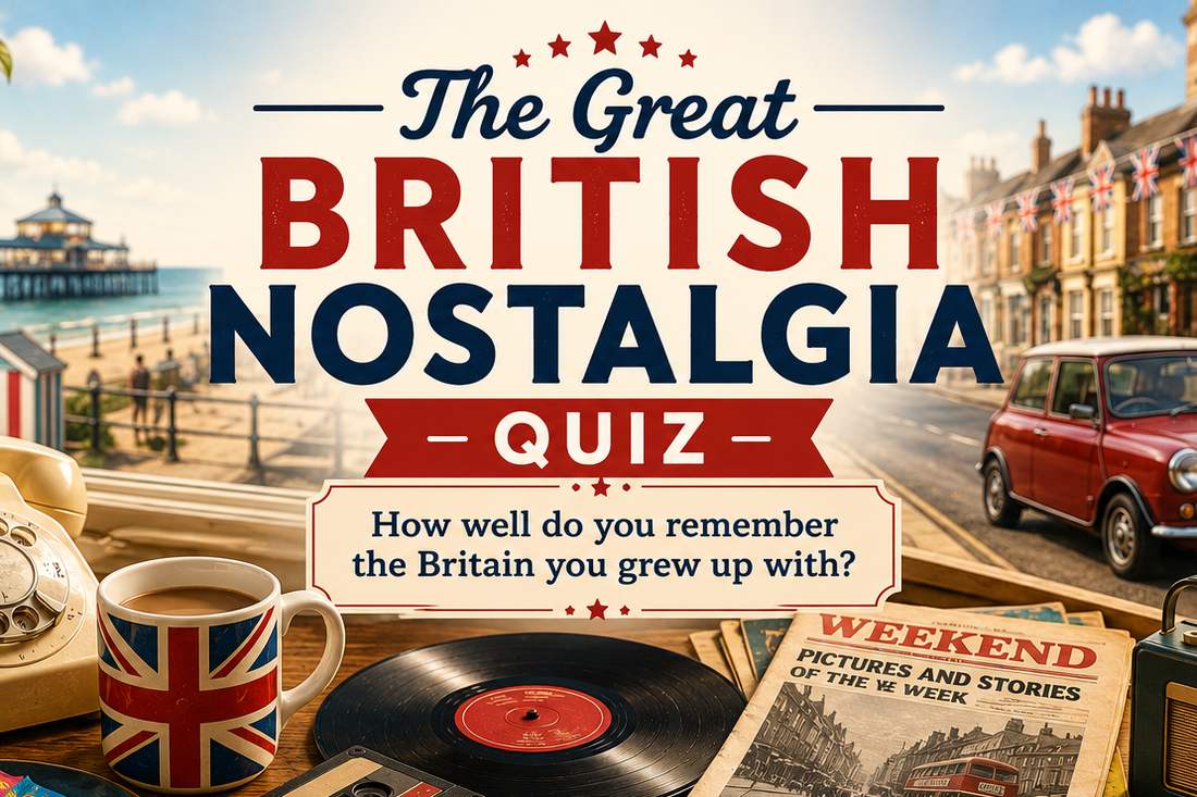 The Great British Nostalgia Quiz cover artwork — a vintage telephone, Union Jack mug, record player, old newspapers and a classic Mini Cooper, with a Start Quiz button and the AI For Your Life logo