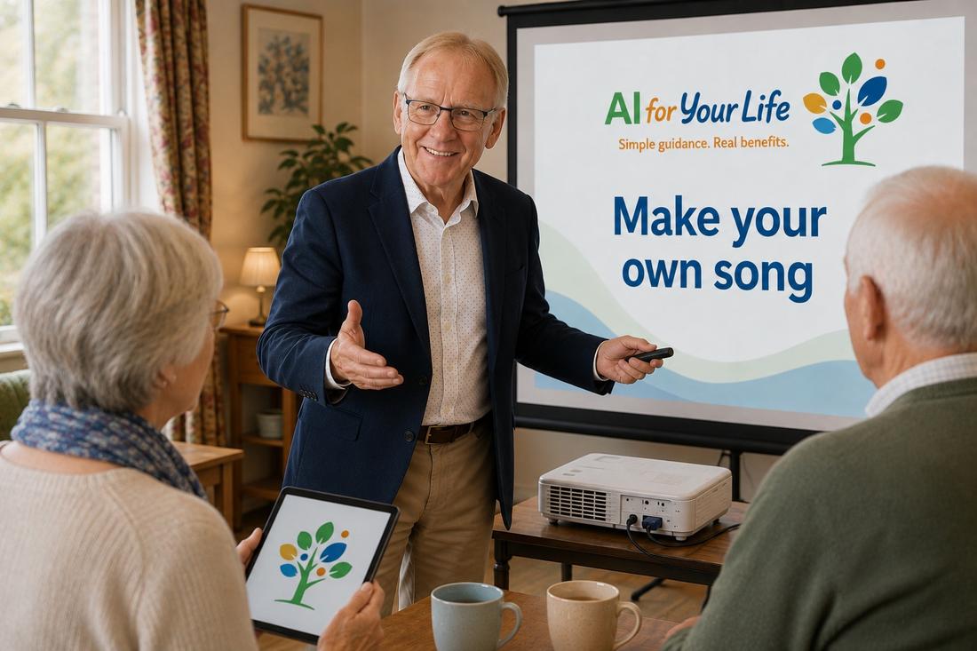 Kevin presenting a 'Make your own song' slide to two workshop attendees in a living room setting