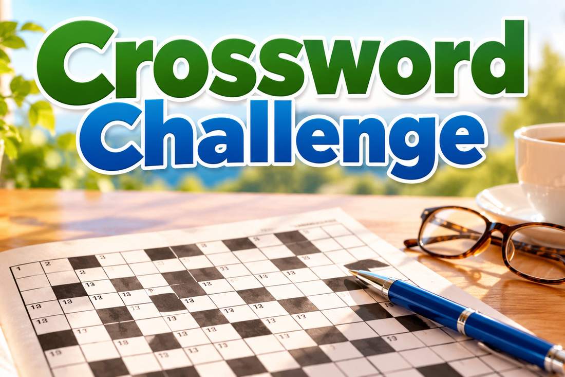 Crossword Challenge by AI For Your Life: a crossword, blue pen, glasses and a cup of tea on a sunny table
