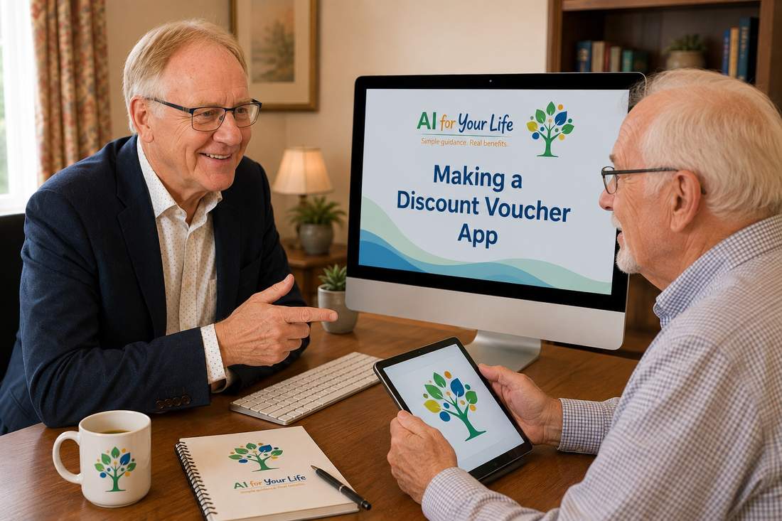 Kevin pointing to a screen reading 'Making a Discount Voucher App' during a one-to-one coaching session