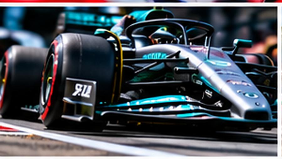 Close-up of a Formula 1 car's front wing and nose at speed
