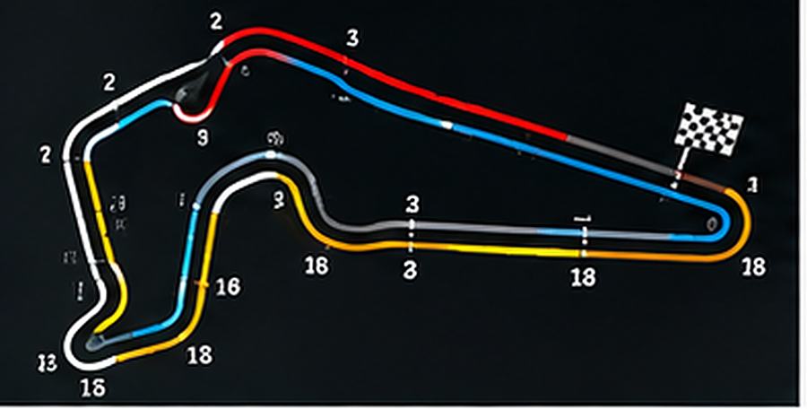 A circuit map diagram with numbered corners and a chequered flag at the finish line