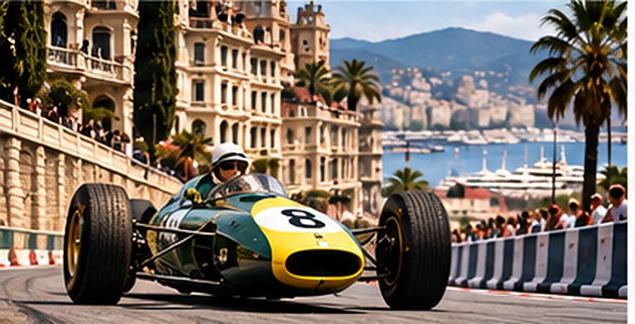 A classic green and yellow racing car on the streets of Monaco, with the harbour behind