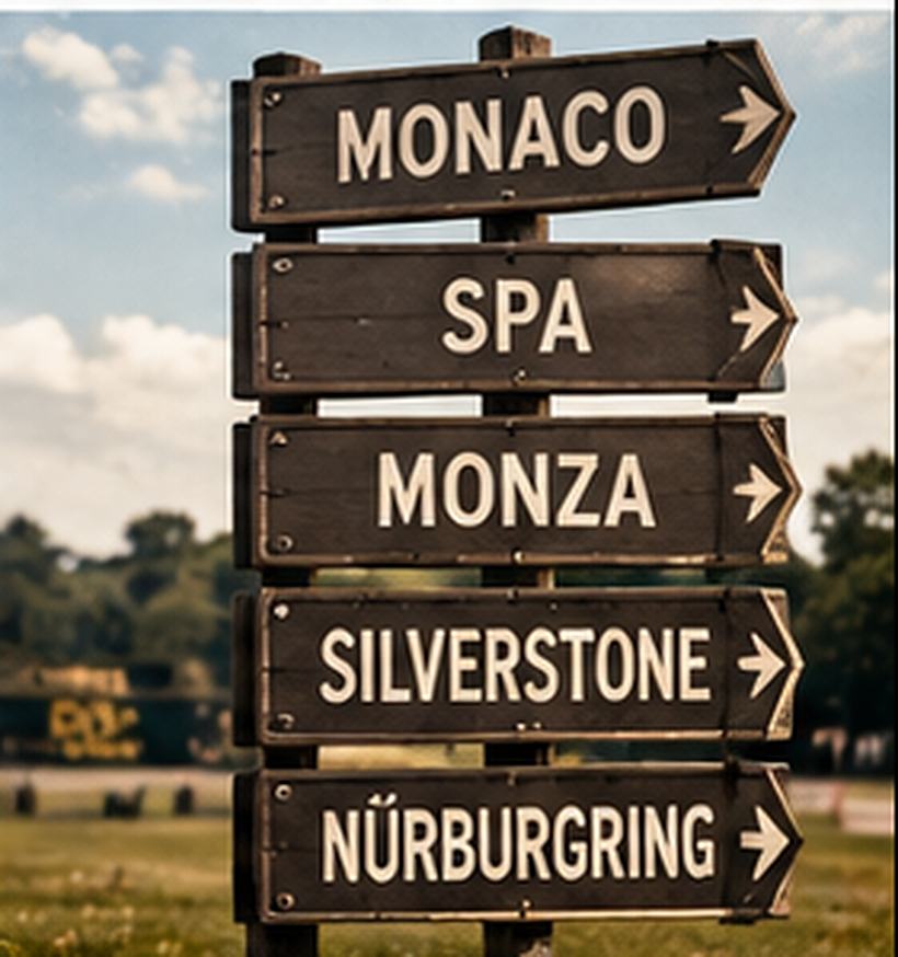 A wooden signpost pointing the way to Monaco, Spa, Monza, Silverstone and the Nürburgring